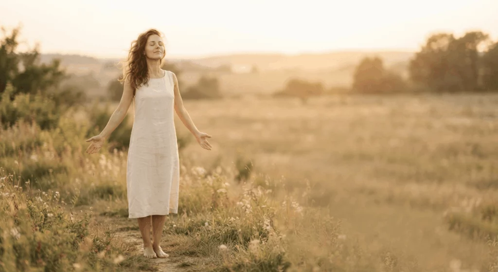 Femme souriante marchant dans un champ doré au coucher du soleil, symbole de liberté