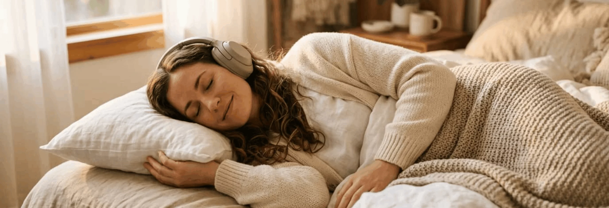 Femme détendue allongée écoutant un audio d'hypnose au casque, ambiance calme et chaleureuse