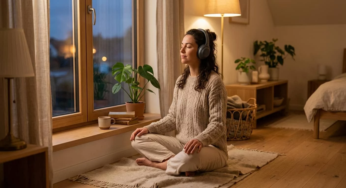 Personne pratiquant une courte séance d'hypnose audio le soir pour se détendre