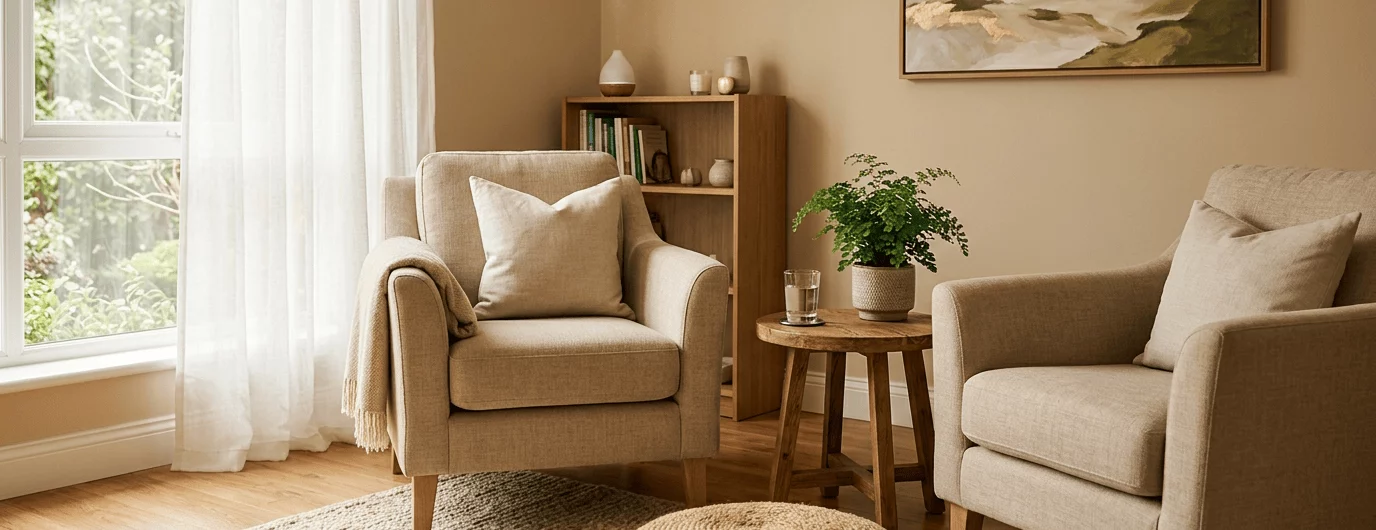 Deux fauteuils dans un cabinet d'hypnothérapie lumineux, tons beige et doré, pour choisir son hypnothérapeute